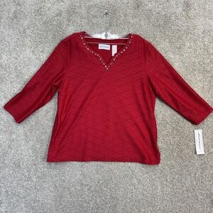 Alfred Dunner Women Size Medium Red Textured V-Neck Embellished 3/4 Sleeve Top